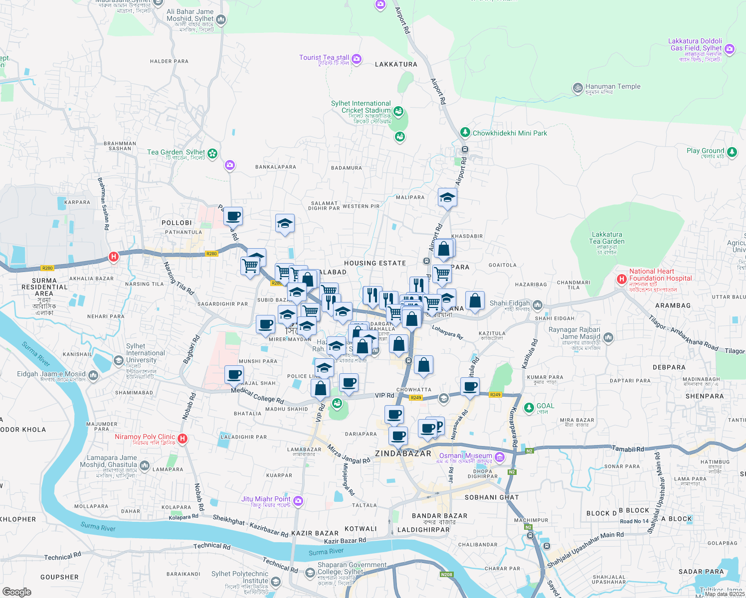 map of restaurants, bars, coffee shops, grocery stores, and more near Housing Estate Road in Sylhet
