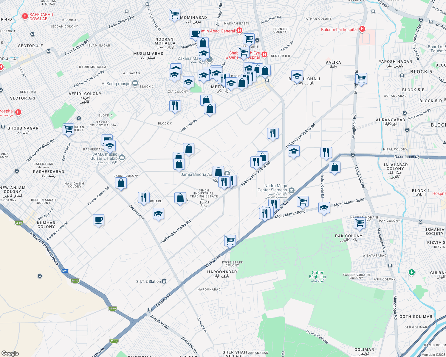 map of restaurants, bars, coffee shops, grocery stores, and more near Fakhruddin Valika Road in Karachi