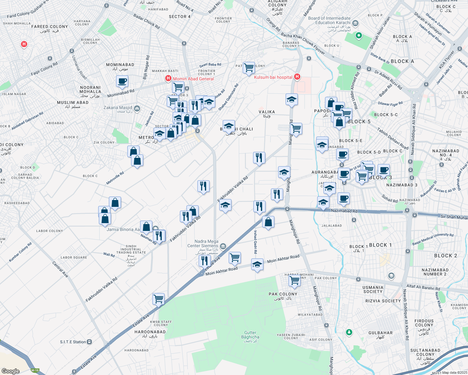 map of restaurants, bars, coffee shops, grocery stores, and more near 33 Textile Avenue in Karachi