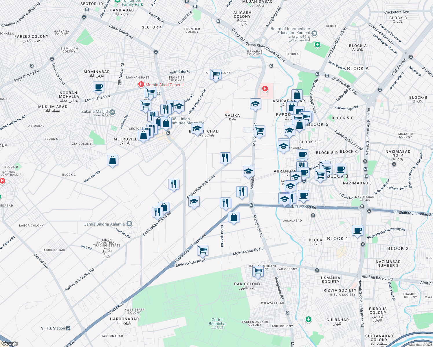 map of restaurants, bars, coffee shops, grocery stores, and more near 33 Textile Avenue in Karachi