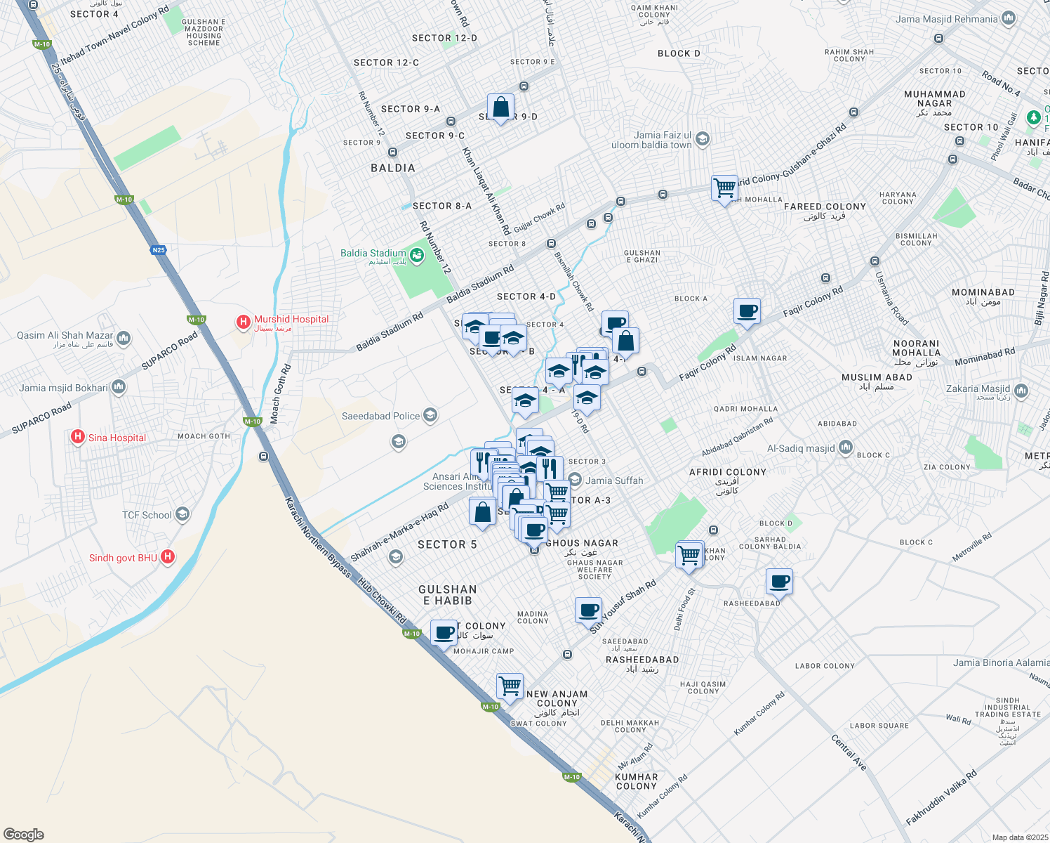 map of restaurants, bars, coffee shops, grocery stores, and more near Altaf Hussain Road in Karachi