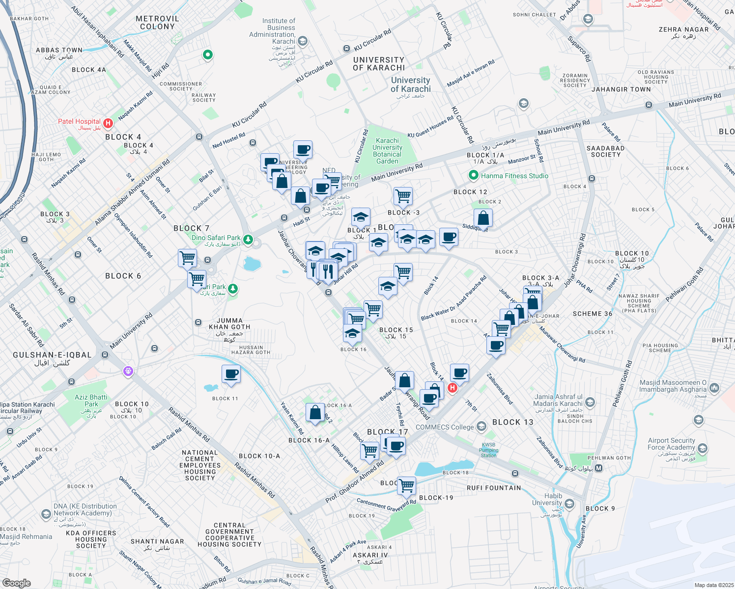 map of restaurants, bars, coffee shops, grocery stores, and more near Johar Street in Karachi