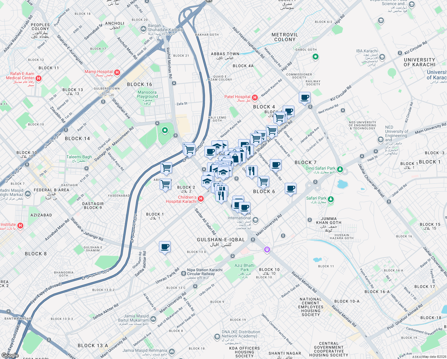map of restaurants, bars, coffee shops, grocery stores, and more near Allama Shabbir Ahmed Usmani Road in Karachi