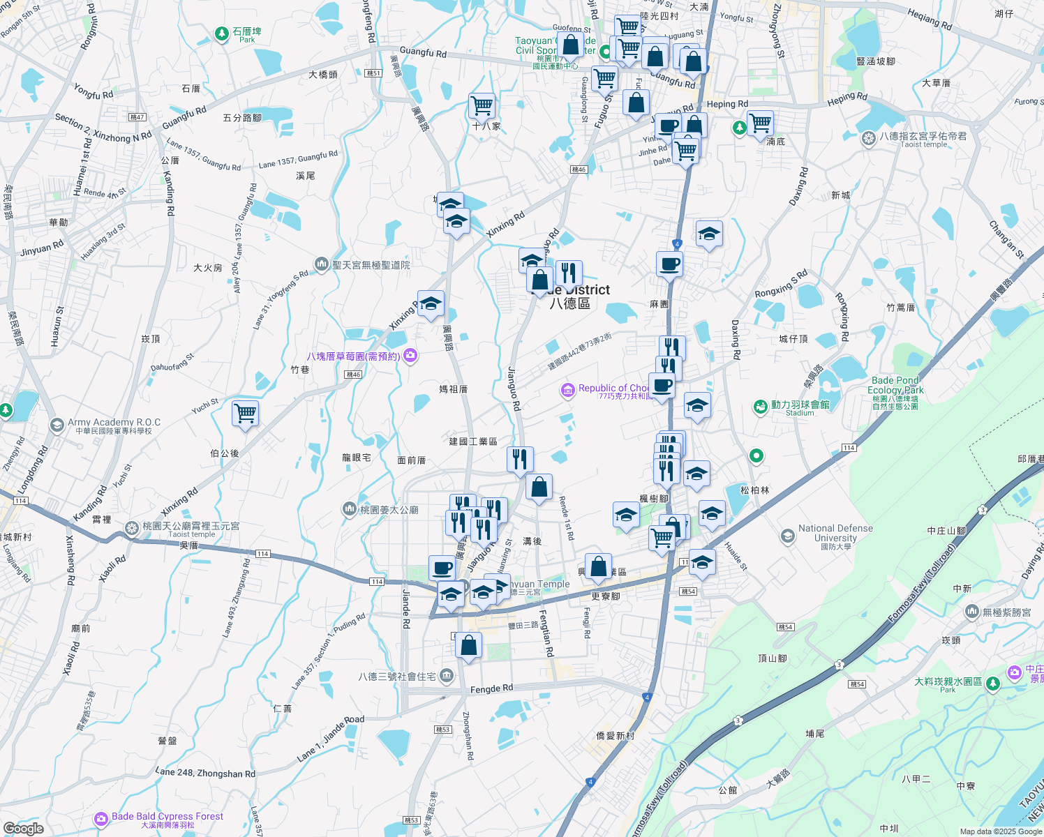 map of restaurants, bars, coffee shops, grocery stores, and more near 386-1 Jianguo Road in Bade District