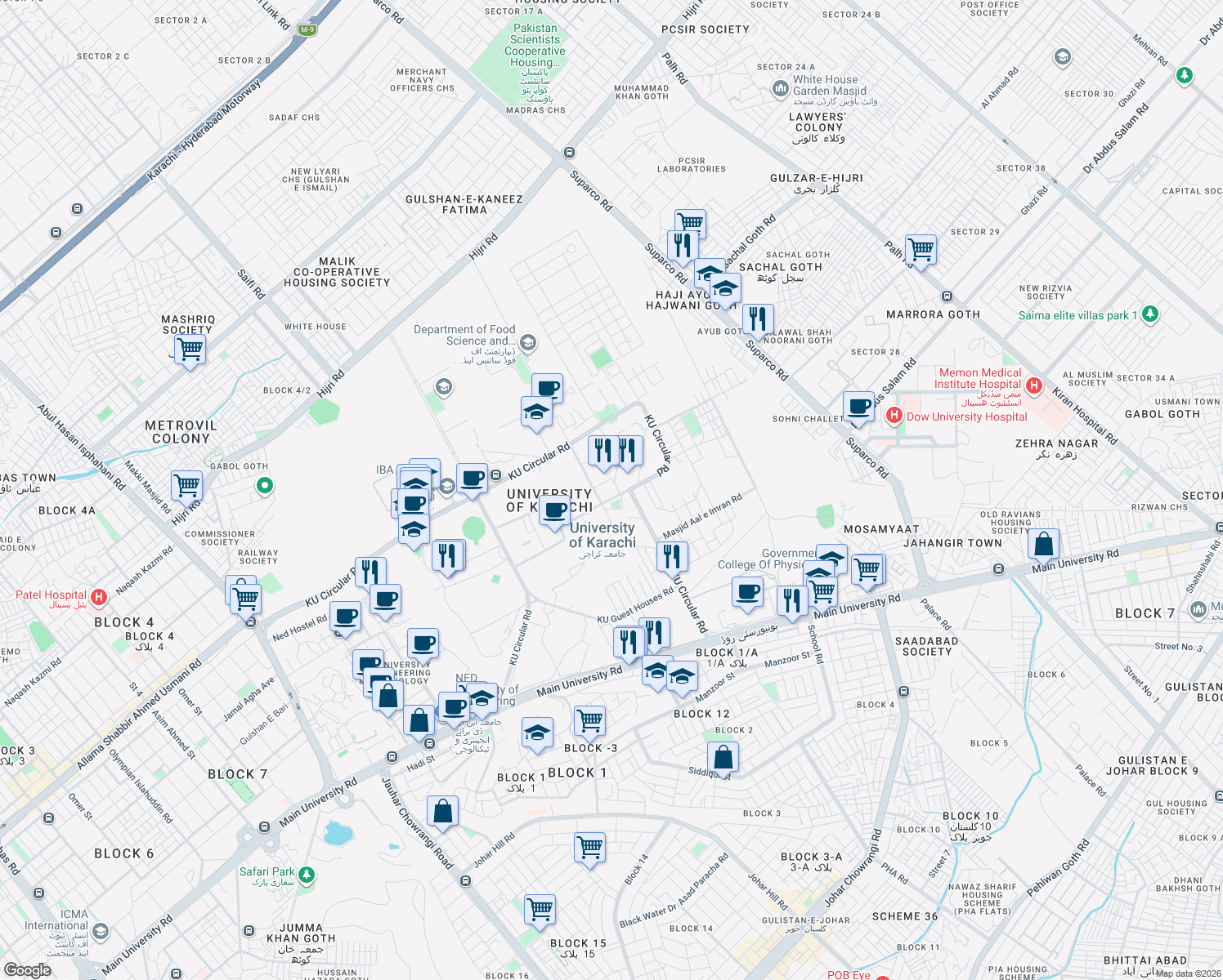 map of restaurants, bars, coffee shops, grocery stores, and more near KU Circular Road in Karachi