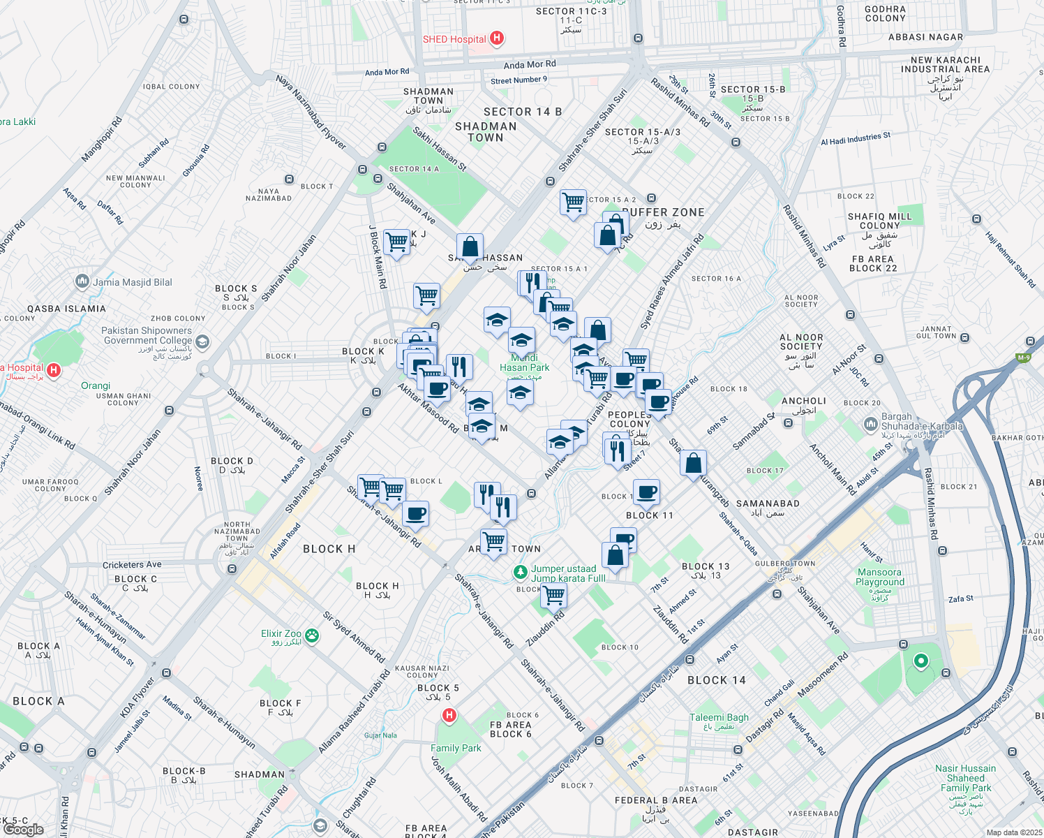 map of restaurants, bars, coffee shops, grocery stores, and more near 332 13th Street South in Karachi