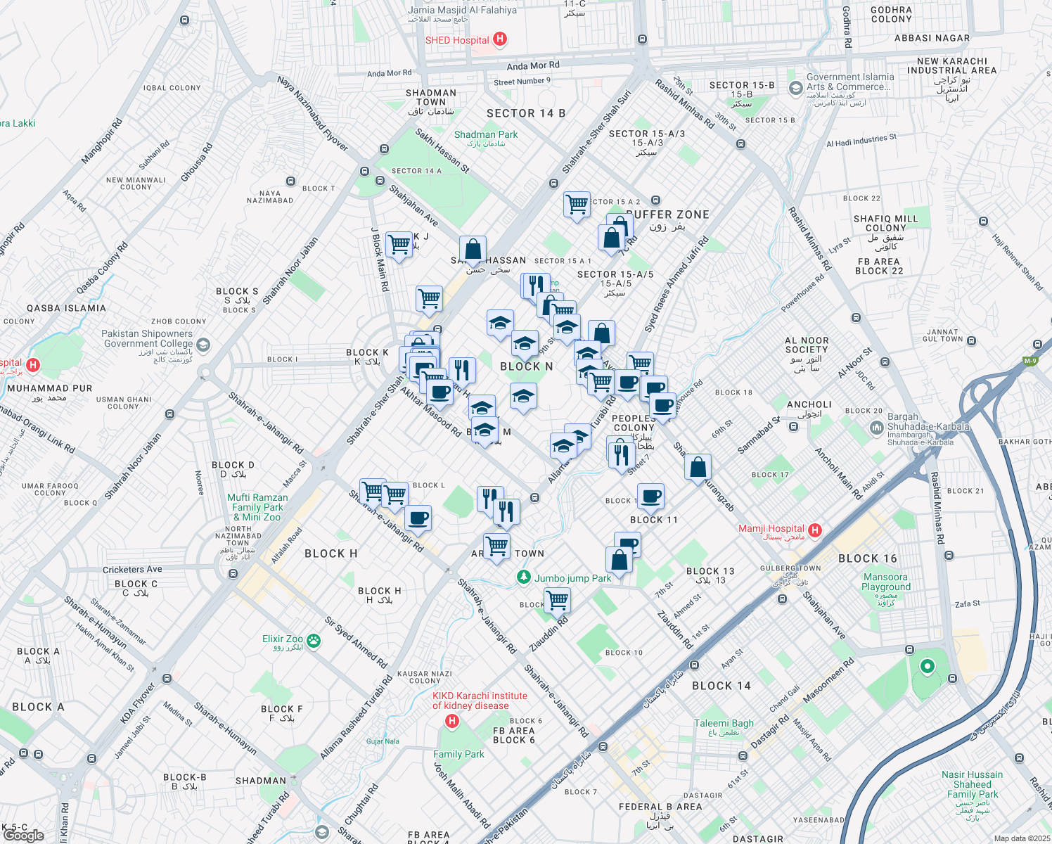 map of restaurants, bars, coffee shops, grocery stores, and more near 332 13th Street South in Karachi