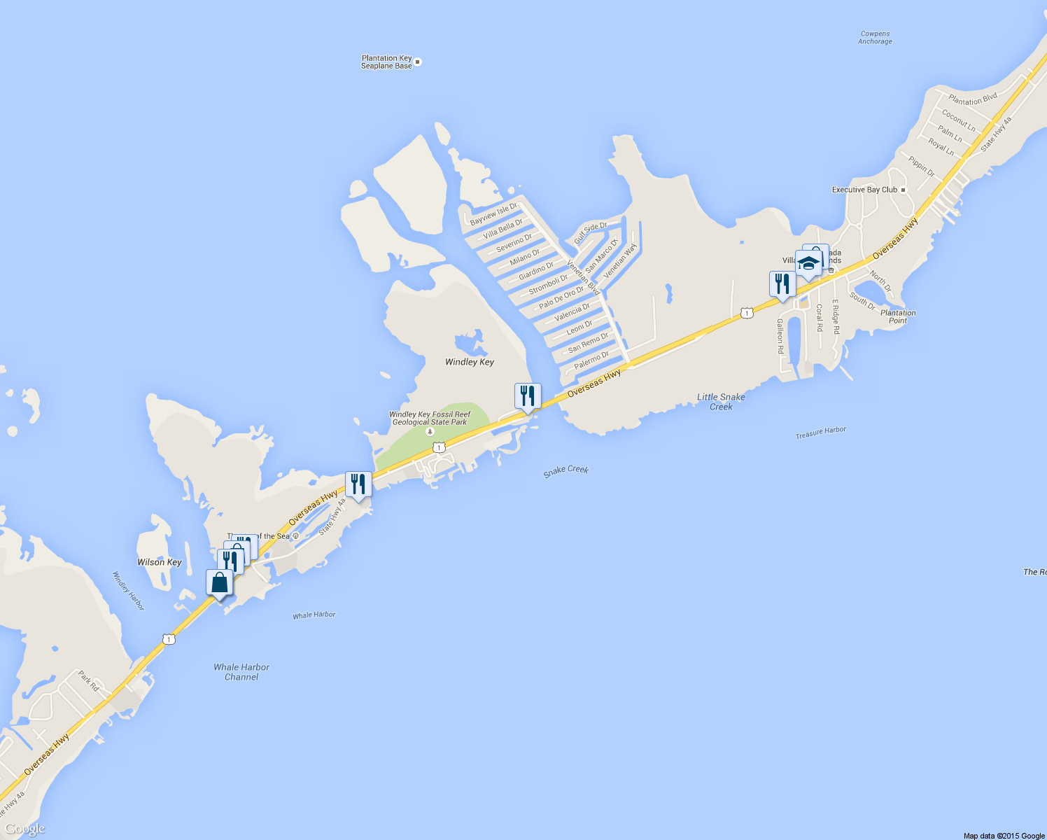 map of restaurants, bars, coffee shops, grocery stores, and more near 85501 Overseas Hwy in Islamorada