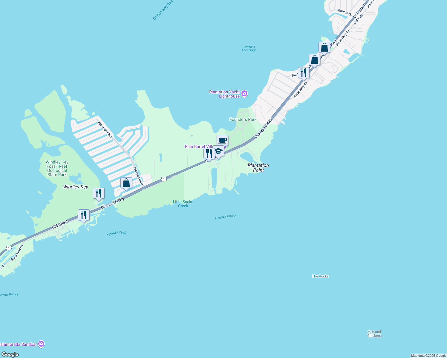 map of restaurants, bars, coffee shops, grocery stores, and more near 216 Coral Rd in Islamorada