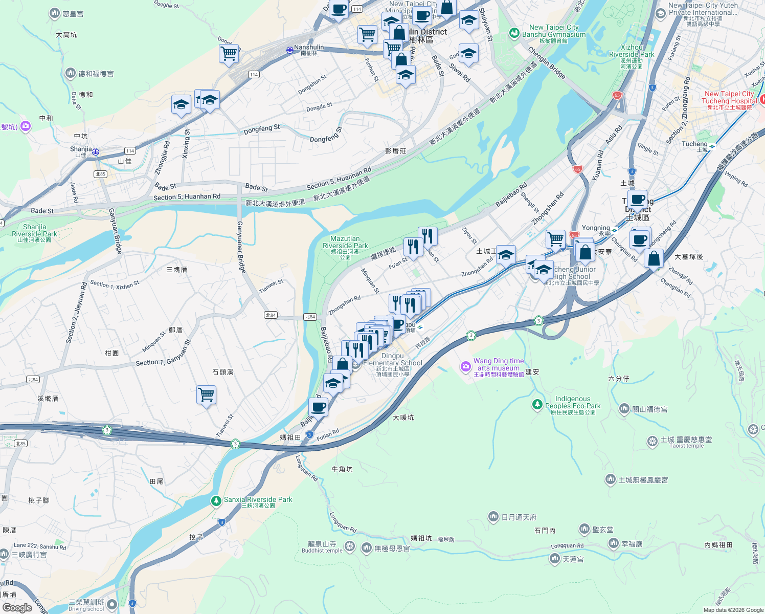 map of restaurants, bars, coffee shops, grocery stores, and more near 3-1 Minquan Street in Tucheng District