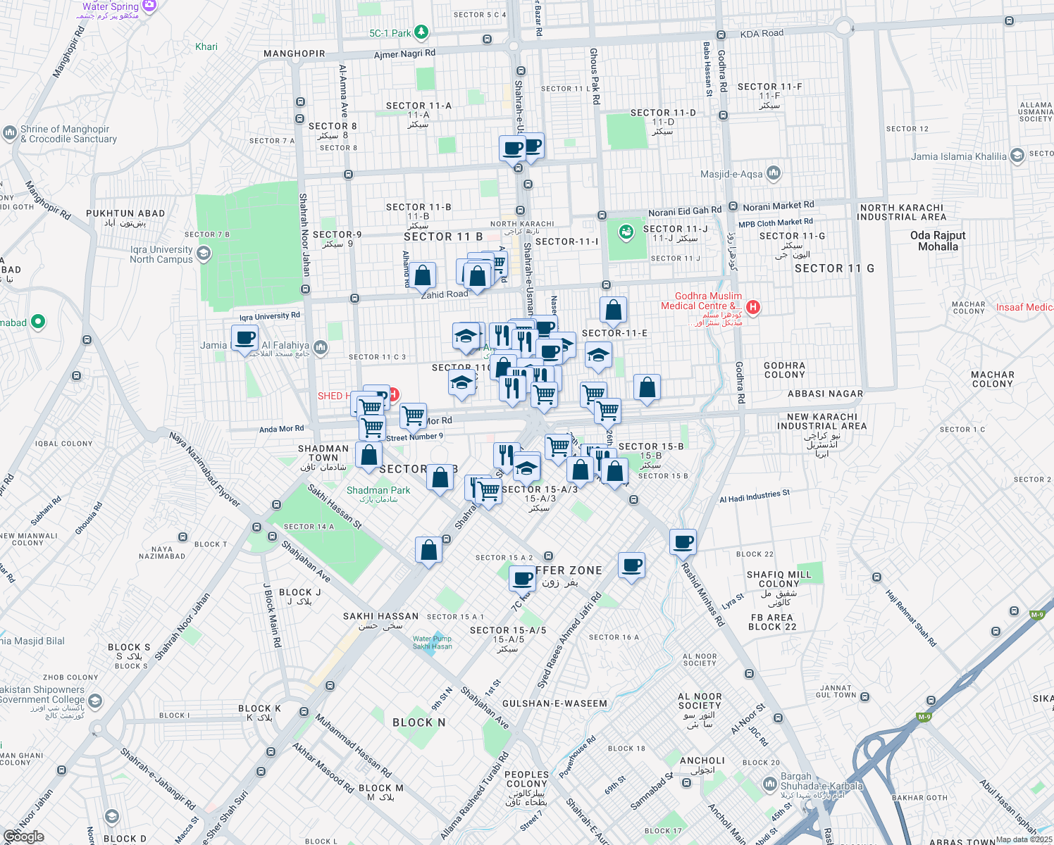 map of restaurants, bars, coffee shops, grocery stores, and more near Sher Shah Suri Road in Karachi