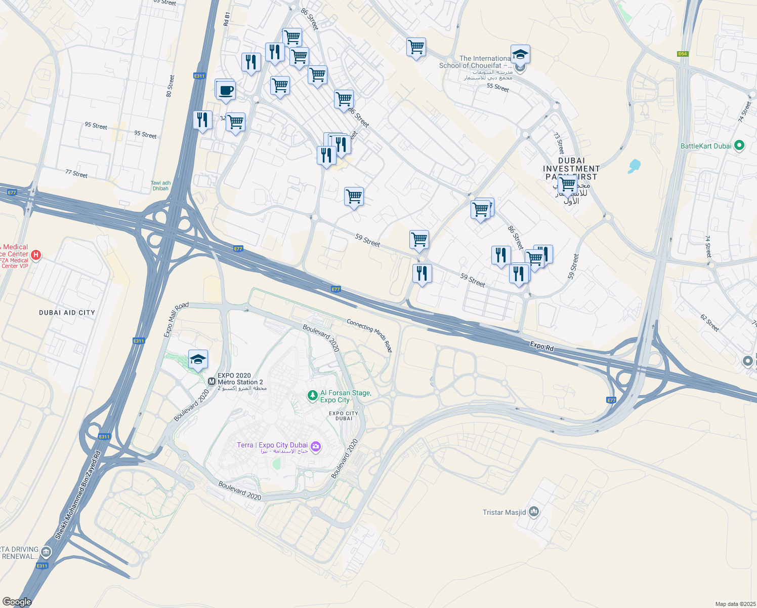 map of restaurants, bars, coffee shops, grocery stores, and more near Expo Road in Dubai