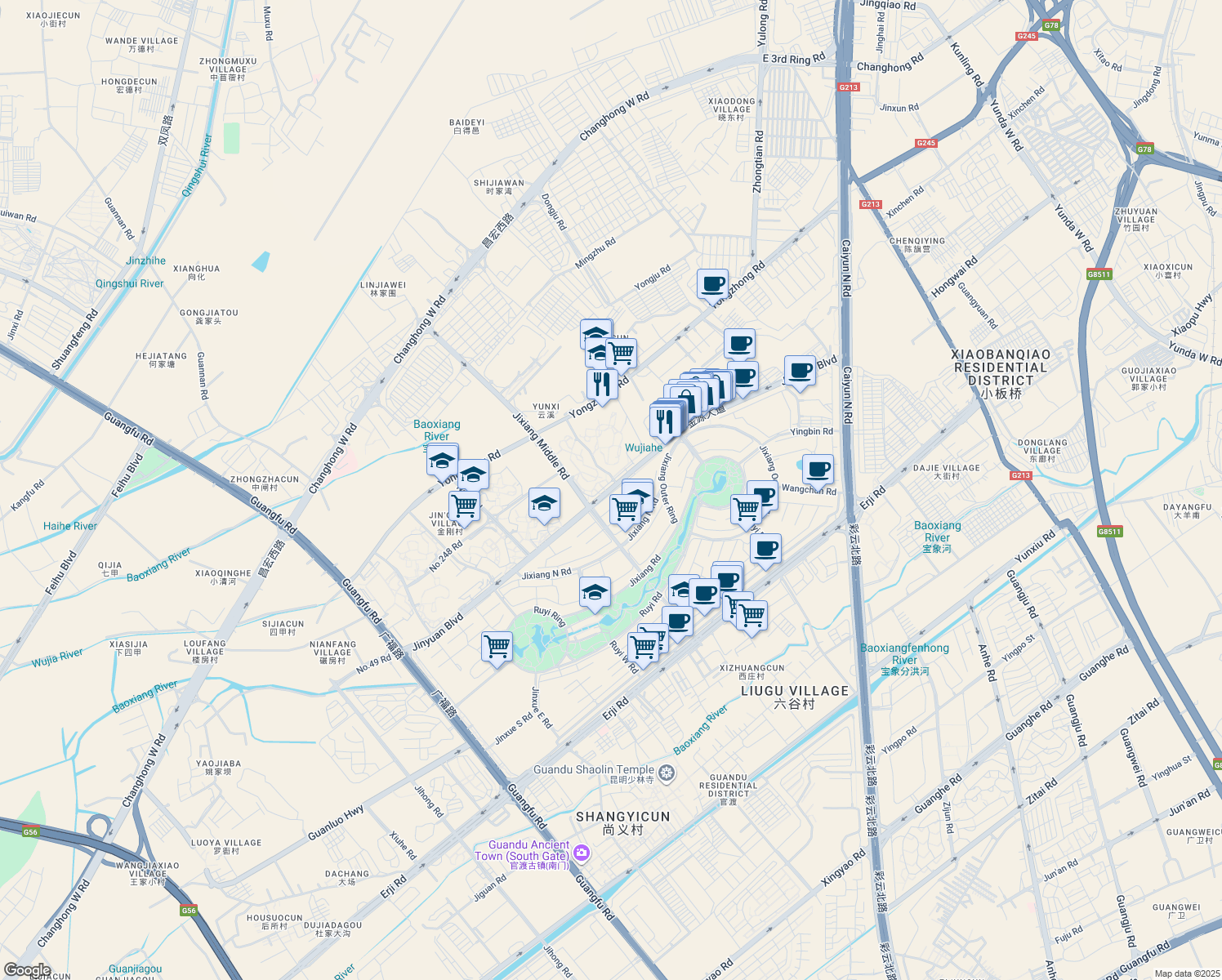 map of restaurants, bars, coffee shops, grocery stores, and more near Jin Yuan Da Dao in Kun Ming Shi