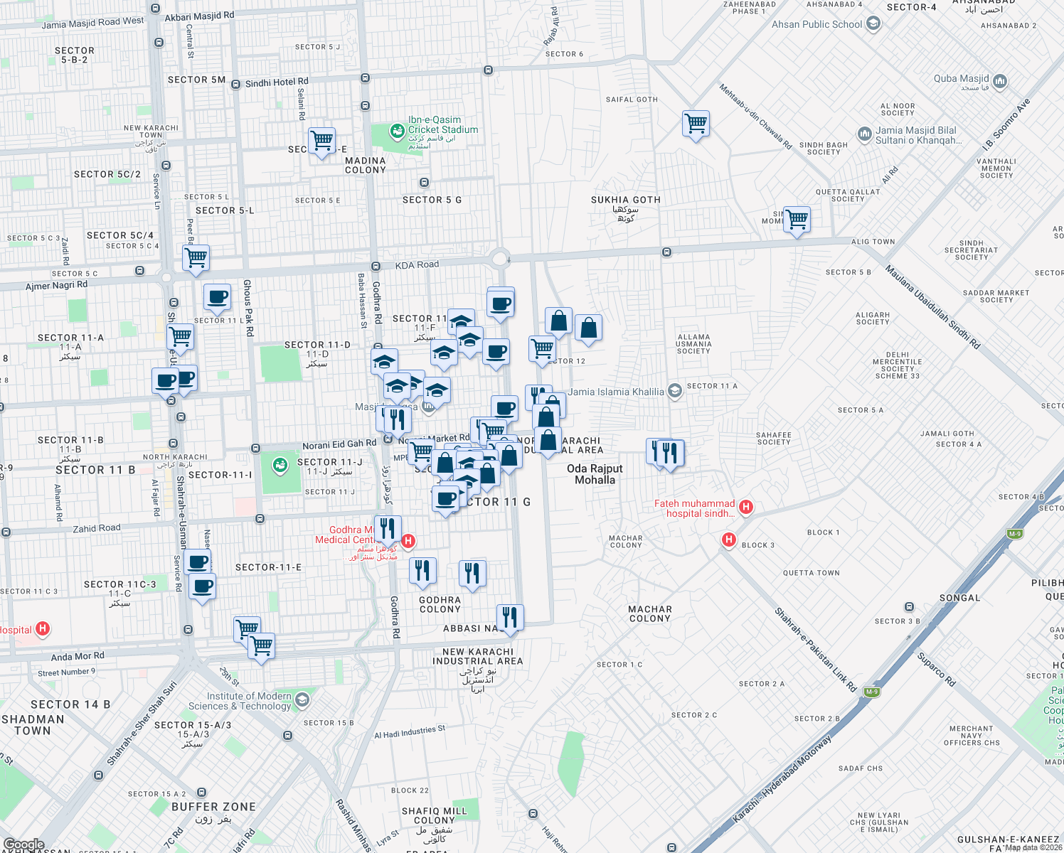 map of restaurants, bars, coffee shops, grocery stores, and more near Godhra Road in Karachi