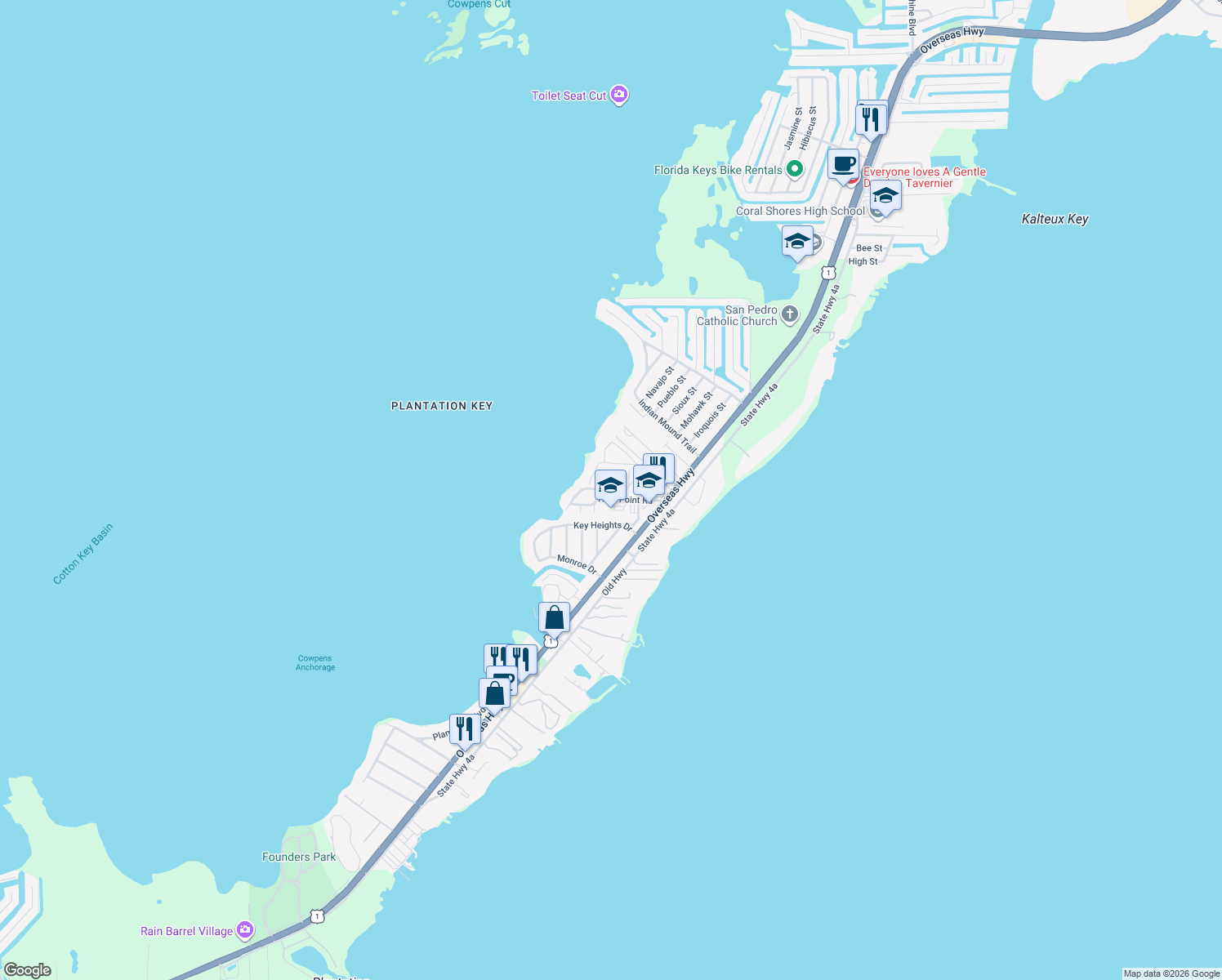 map of restaurants, bars, coffee shops, grocery stores, and more near 50 High Point Road in Tavernier