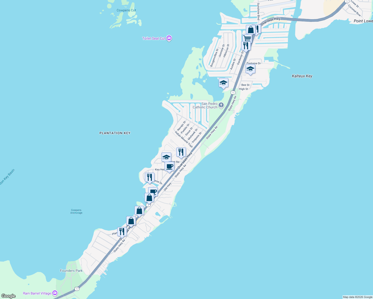 map of restaurants, bars, coffee shops, grocery stores, and more near 209 Thompsonville Road in Tavernier