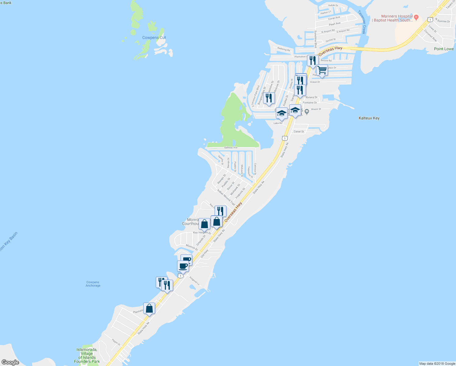 map of restaurants, bars, coffee shops, grocery stores, and more near 134 Pueblo Street in Tavernier