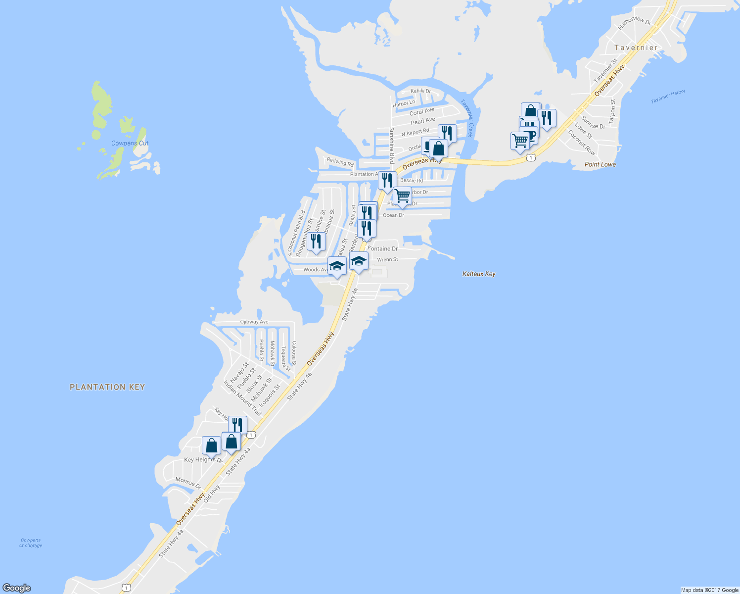 map of restaurants, bars, coffee shops, grocery stores, and more near 123 High Street in Tavernier
