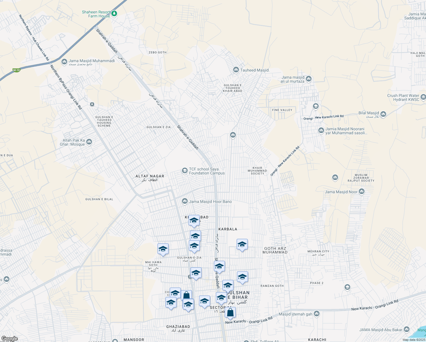 map of restaurants, bars, coffee shops, grocery stores, and more near Banaras Bazar Chowk in Karachi