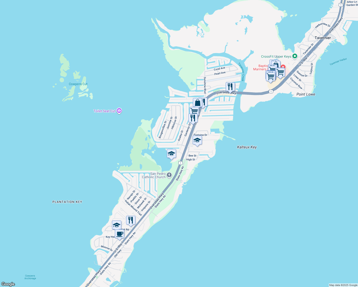 map of restaurants, bars, coffee shops, grocery stores, and more near 282 Azalea Street in Tavernier