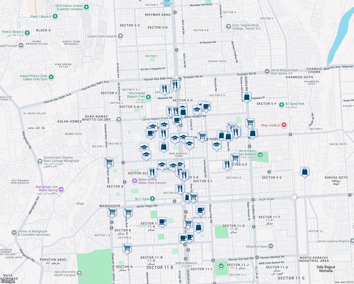 map of restaurants, bars, coffee shops, grocery stores, and more near Shahrah-e-Usman in Karachi