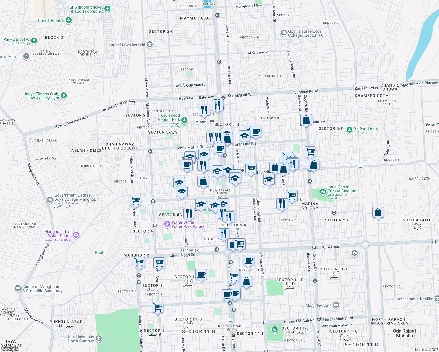 map of restaurants, bars, coffee shops, grocery stores, and more near Shahrah-e-Usman in Karachi