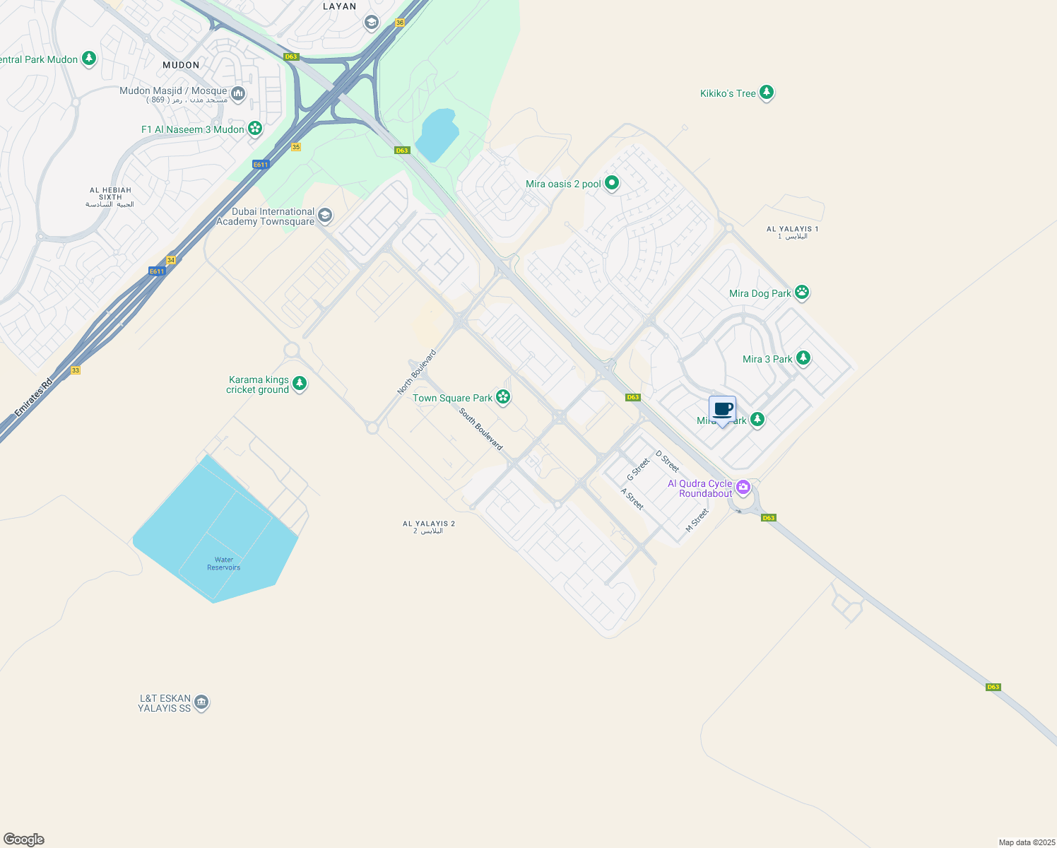 map of restaurants, bars, coffee shops, grocery stores, and more near Al Qudra Road in Dubai