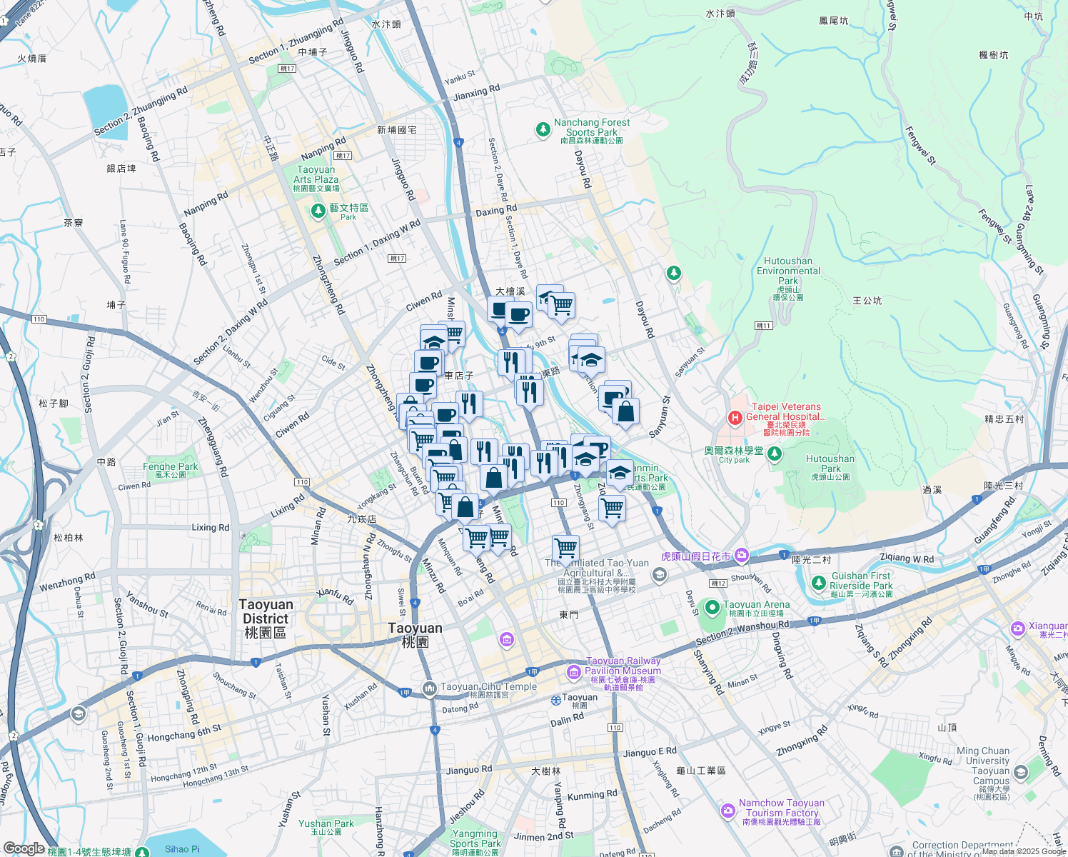 map of restaurants, bars, coffee shops, grocery stores, and more near in Taoyuan District