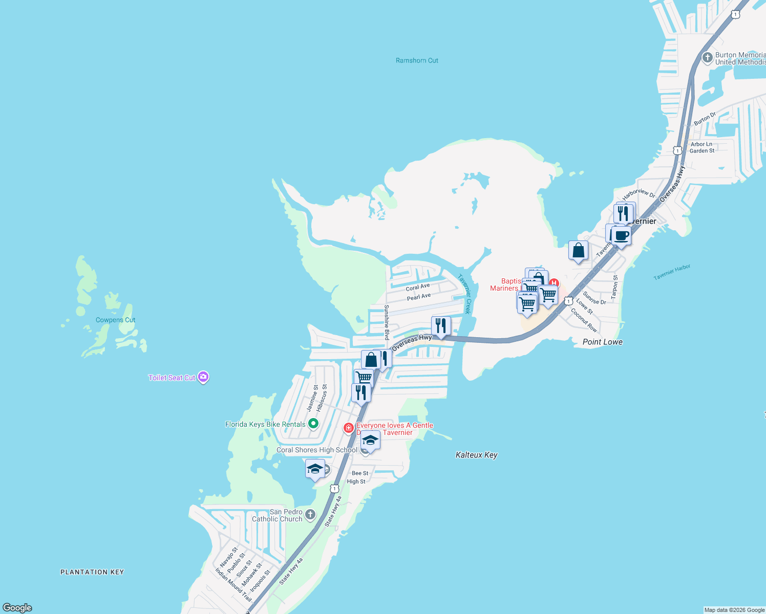 map of restaurants, bars, coffee shops, grocery stores, and more near 103 Bluebird Road in Tavernier