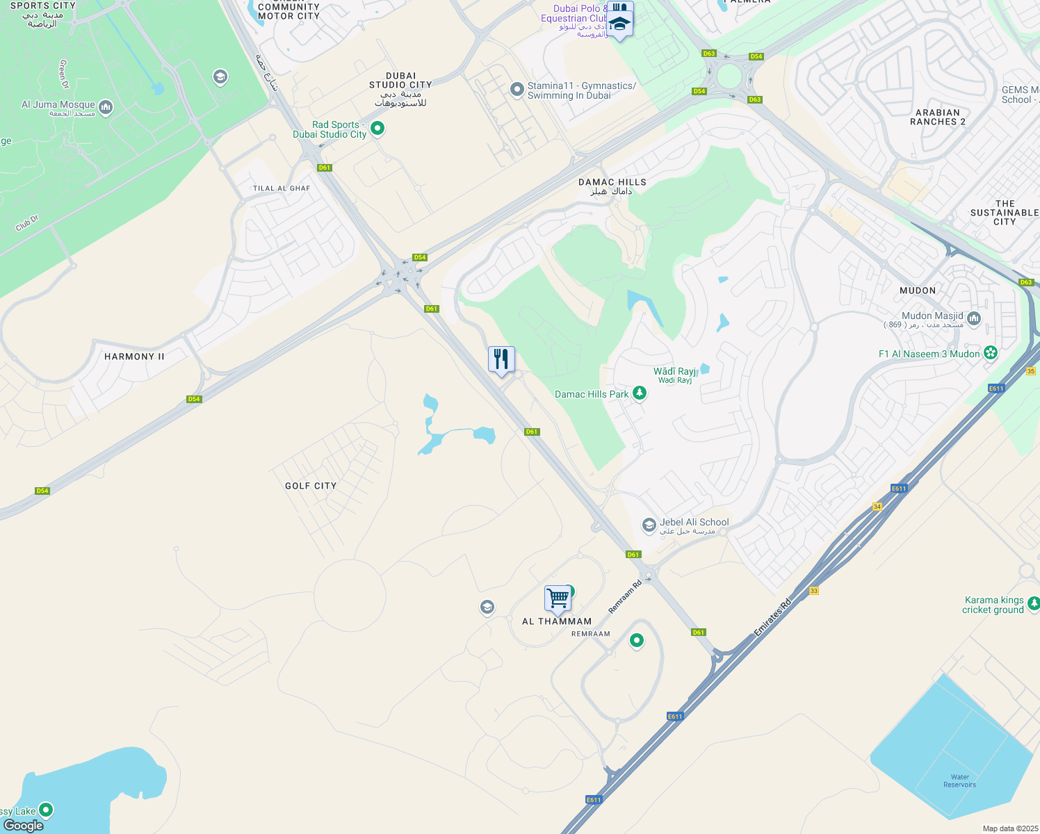 map of restaurants, bars, coffee shops, grocery stores, and more near Hessa Street in Dubai