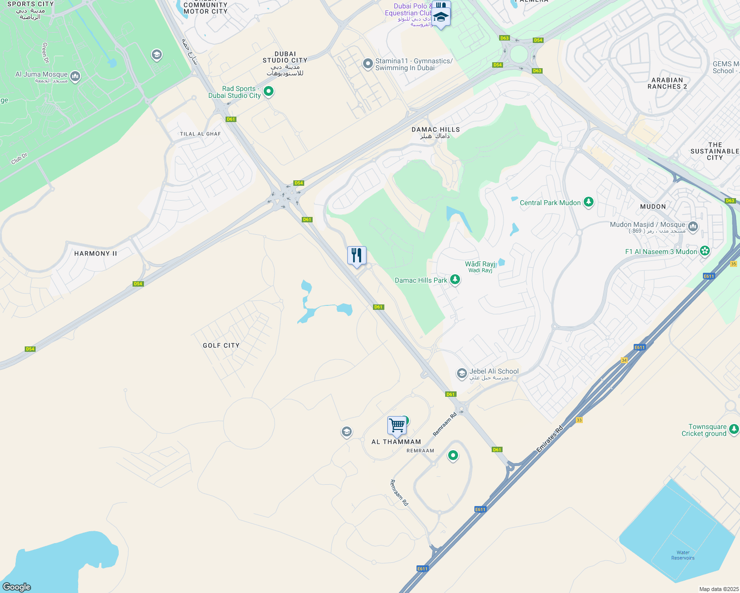 map of restaurants, bars, coffee shops, grocery stores, and more near 1 Hessa Street in Dubai