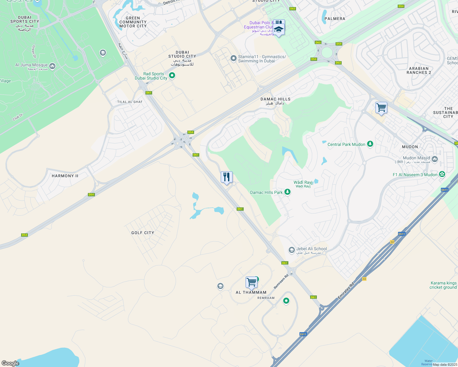 map of restaurants, bars, coffee shops, grocery stores, and more near Hessa Street in Dubai
