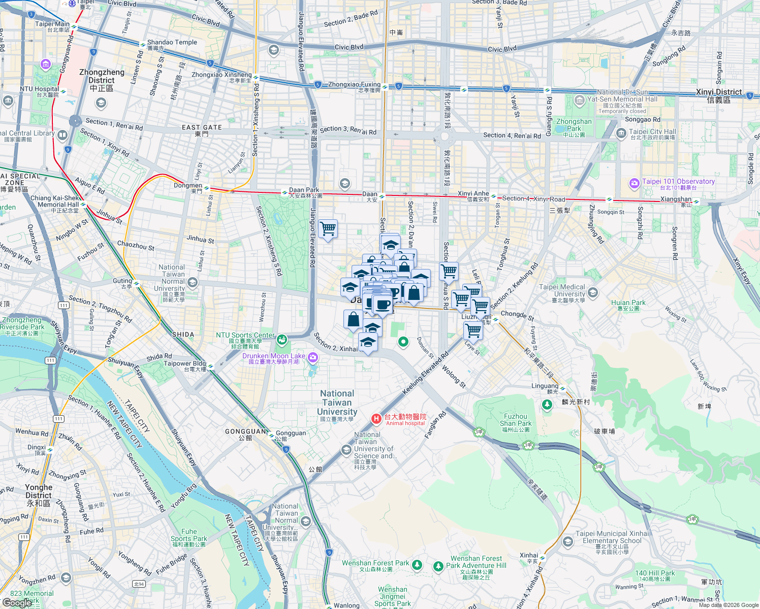 map of restaurants, bars, coffee shops, grocery stores, and more near in Da’an District
