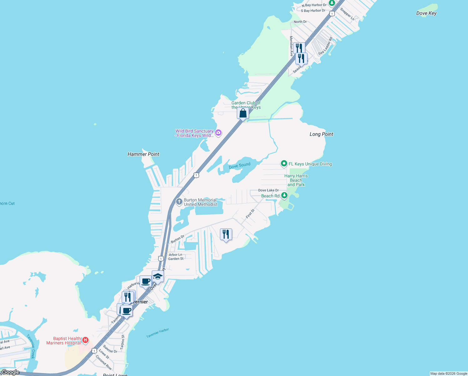 map of restaurants, bars, coffee shops, grocery stores, and more near 255 Cuba Road in Tavernier