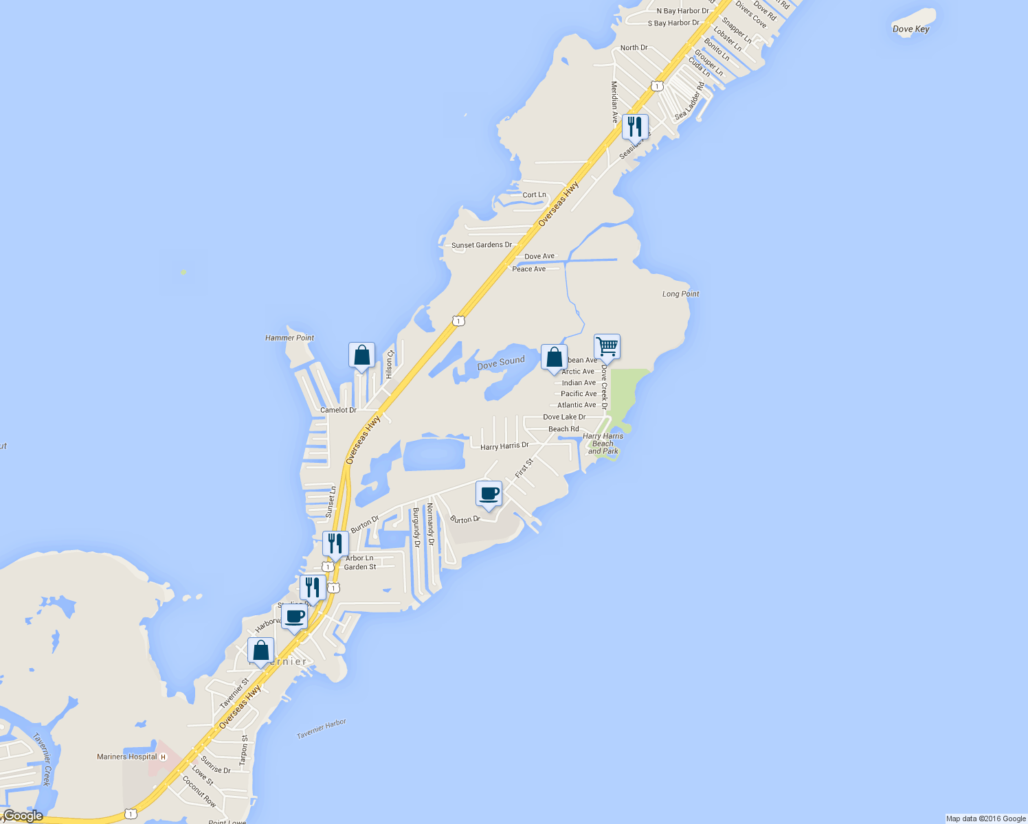 map of restaurants, bars, coffee shops, grocery stores, and more near 253 West Indies Road in Tavernier