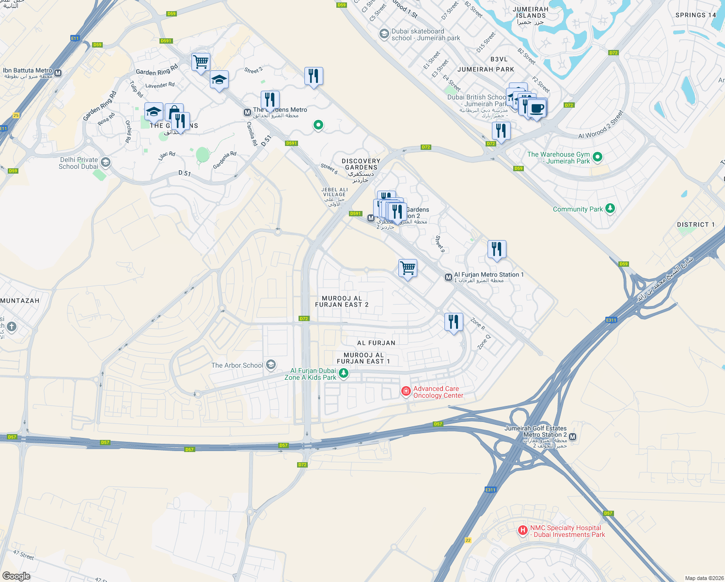 map of restaurants, bars, coffee shops, grocery stores, and more near in Dubai