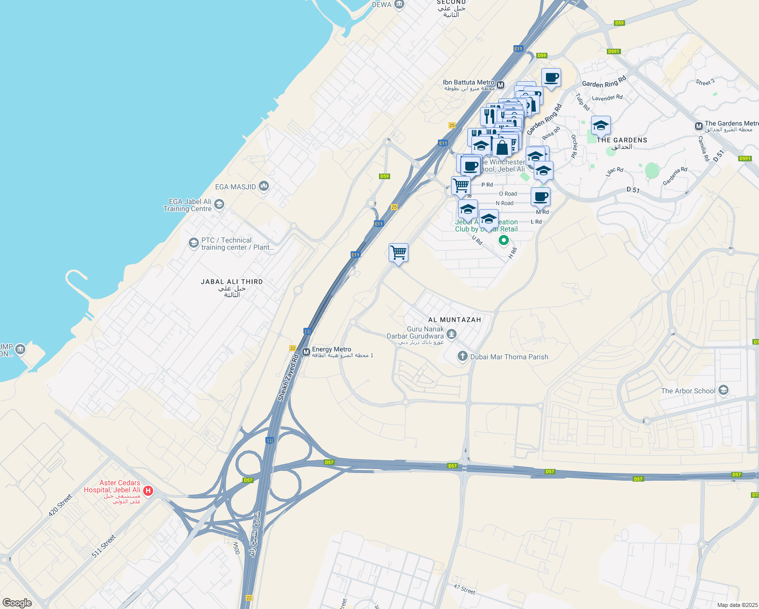 map of restaurants, bars, coffee shops, grocery stores, and more near Road 38 in Dubai