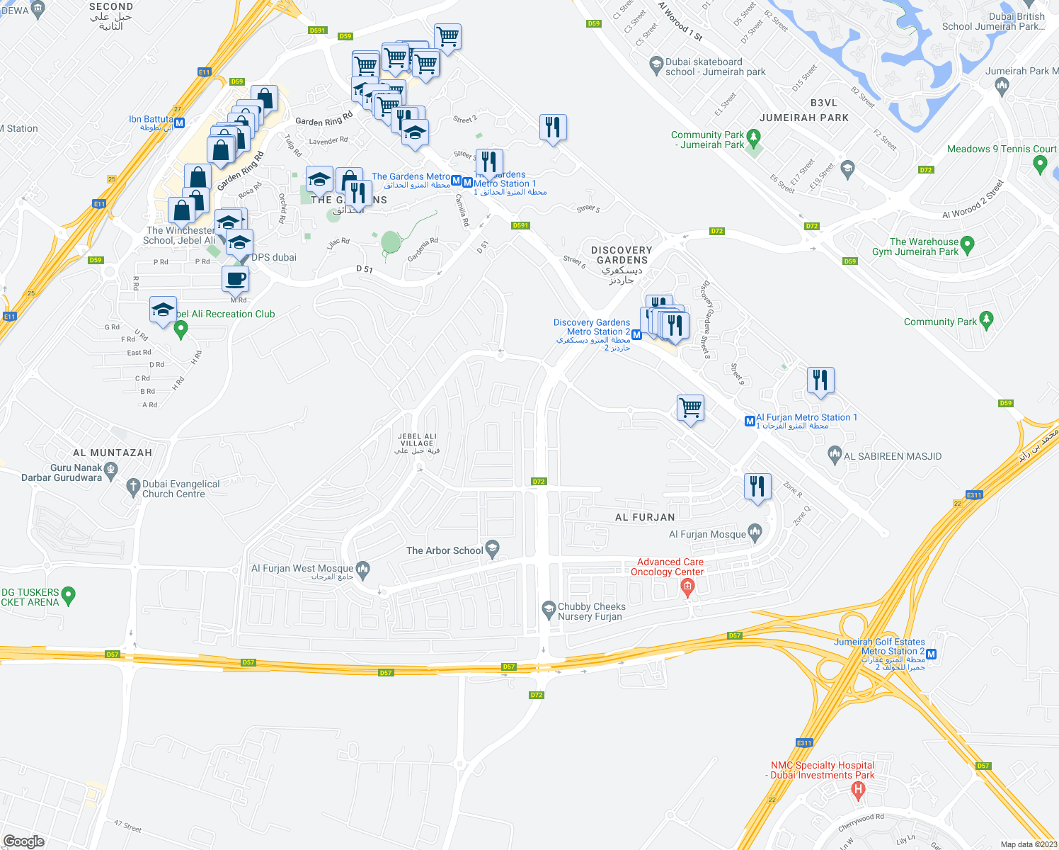 map of restaurants, bars, coffee shops, grocery stores, and more near شارع الأصايل in دبي