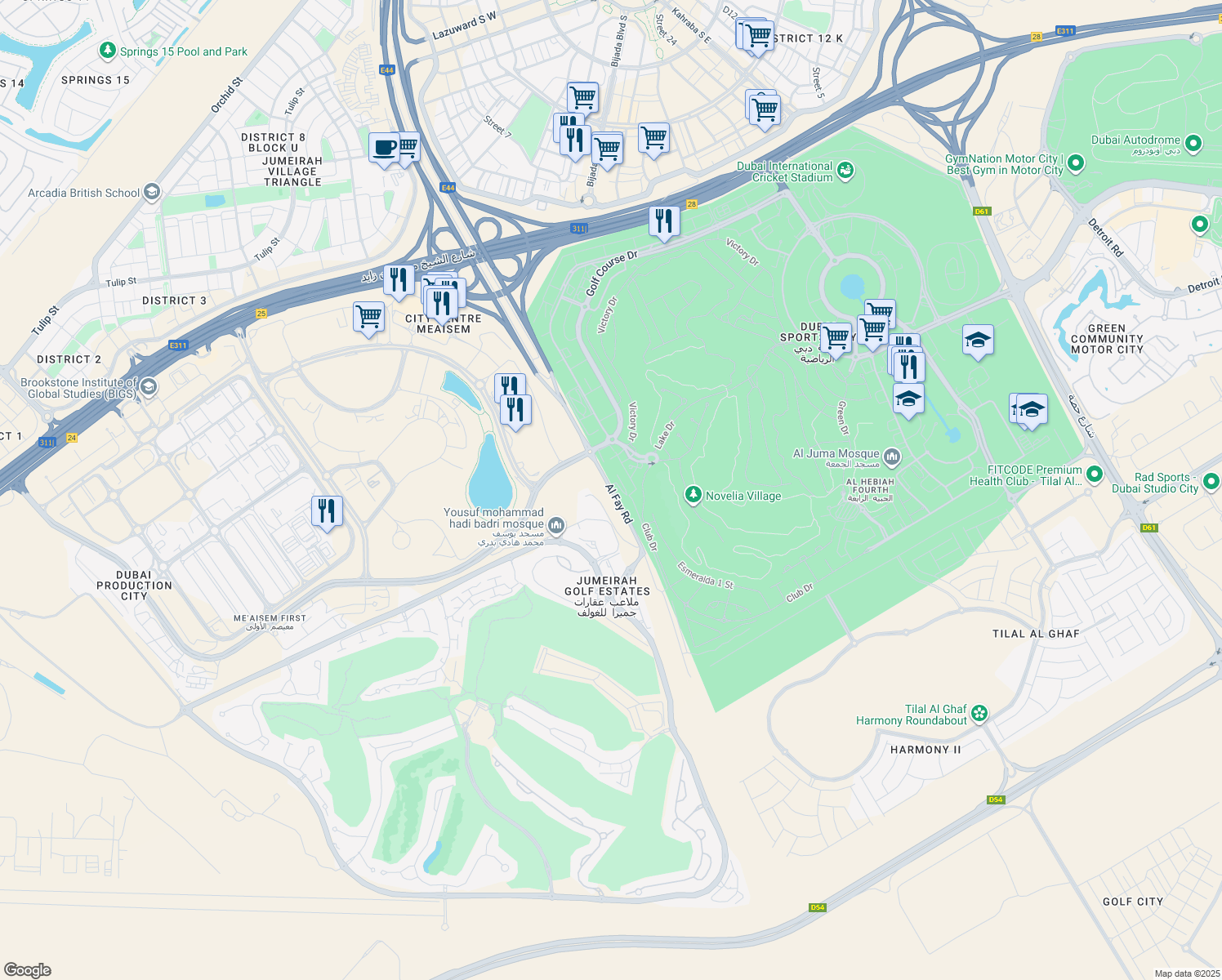 map of restaurants, bars, coffee shops, grocery stores, and more near Al Fay Road in Dubai