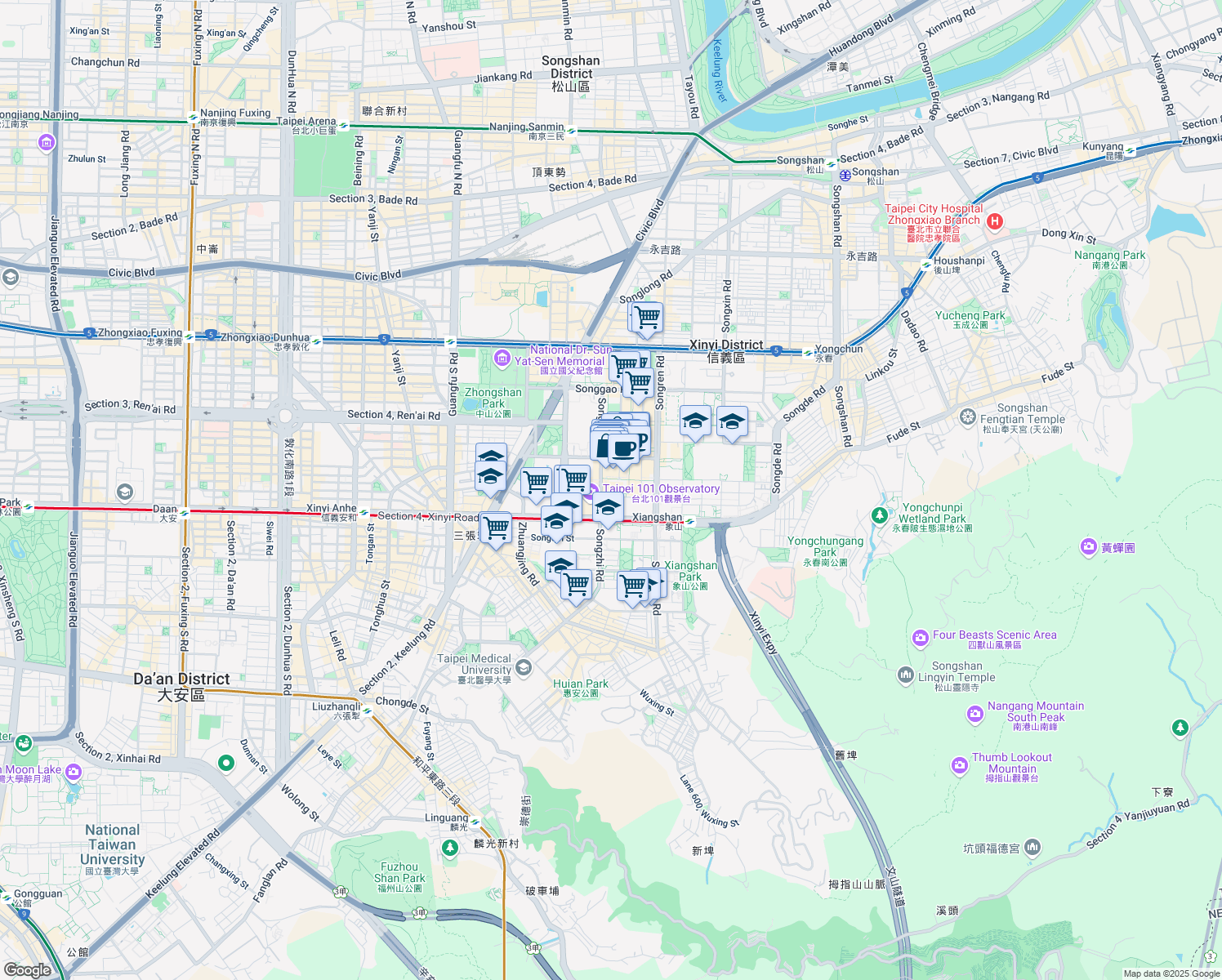 map of restaurants, bars, coffee shops, grocery stores, and more near 17 Songzhi Road in Xinyi District
