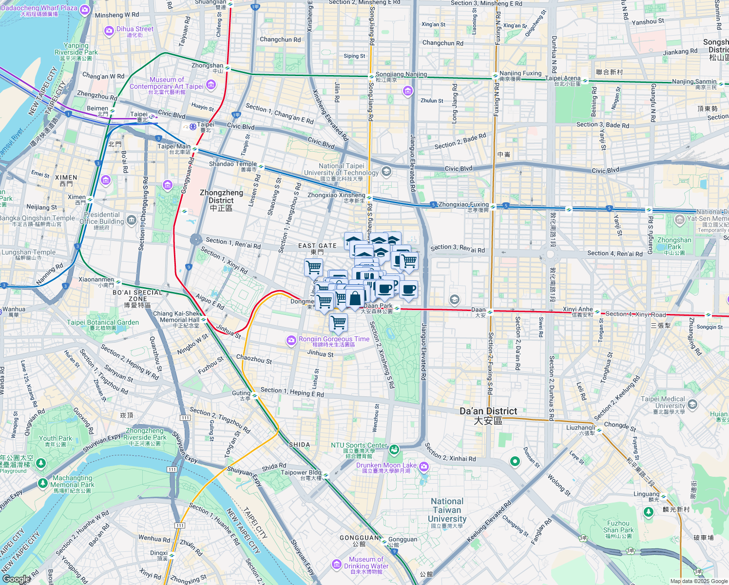 map of restaurants, bars, coffee shops, grocery stores, and more near 157 樓7 之1 Section 1, Xinsheng South Road in Da’an District
