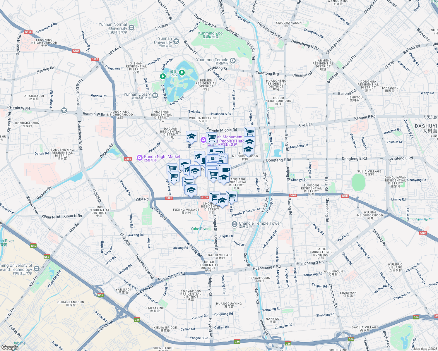 map of restaurants, bars, coffee shops, grocery stores, and more near Dong Feng Xi Lu in Kun Ming Shi