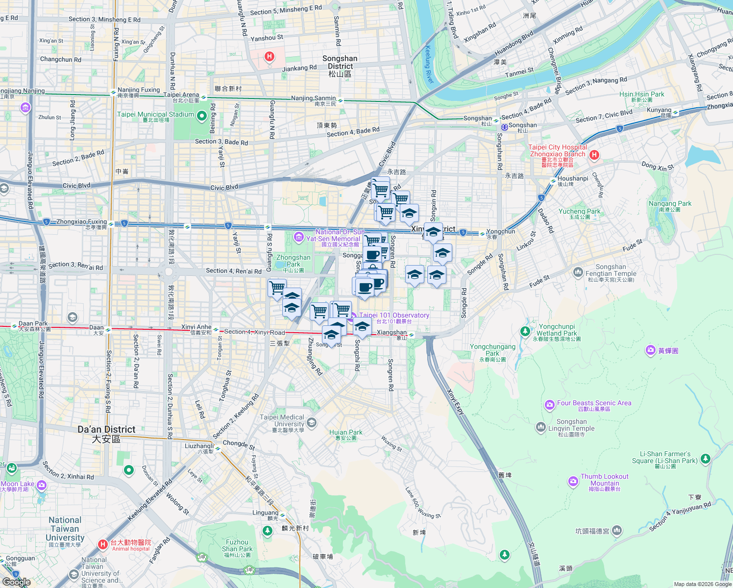 map of restaurants, bars, coffee shops, grocery stores, and more near 11 Songshou Road in Xinyi District