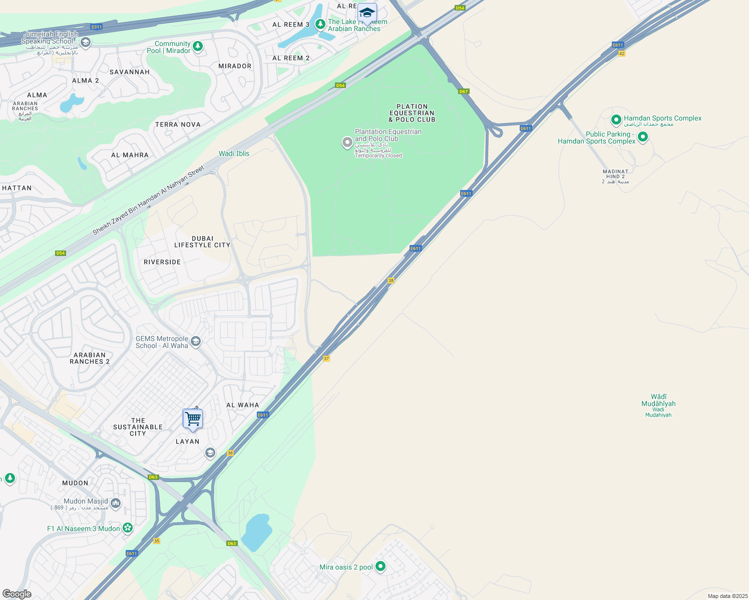 map of restaurants, bars, coffee shops, grocery stores, and more near Emirates Bypass Road in Dubai