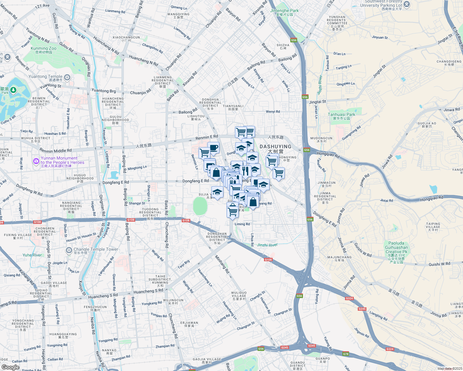 map of restaurants, bars, coffee shops, grocery stores, and more near Dong Feng Dong Lu in Kunming Shi