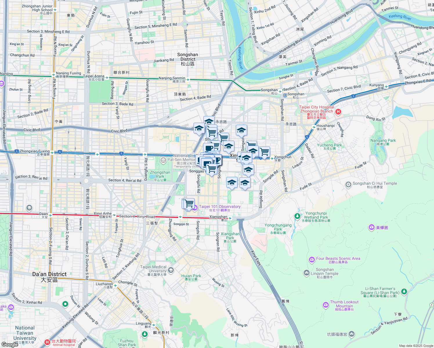map of restaurants, bars, coffee shops, grocery stores, and more near 32 Songren Road in Xinyi District