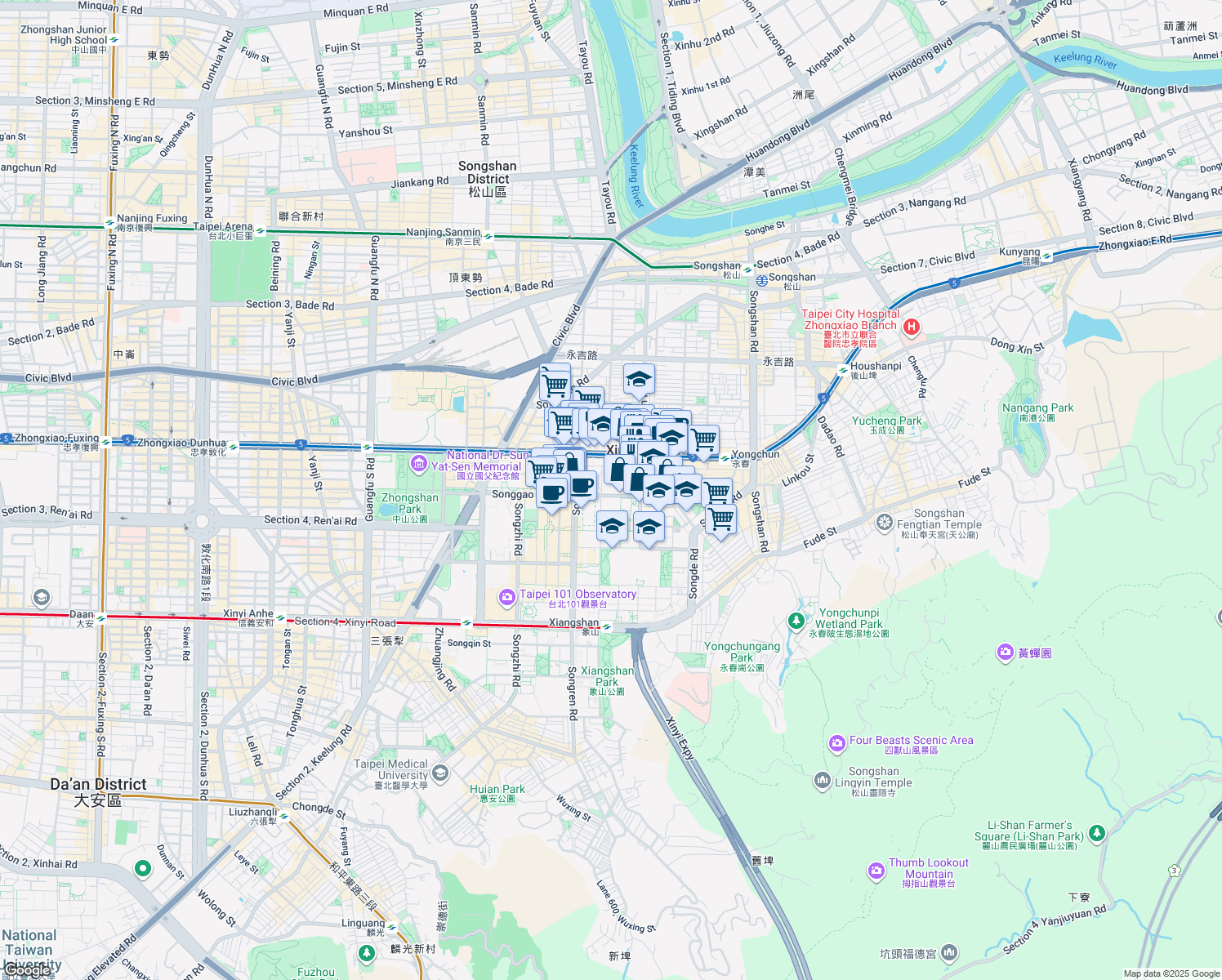map of restaurants, bars, coffee shops, grocery stores, and more near 77 Songgao Road in Xinyi District