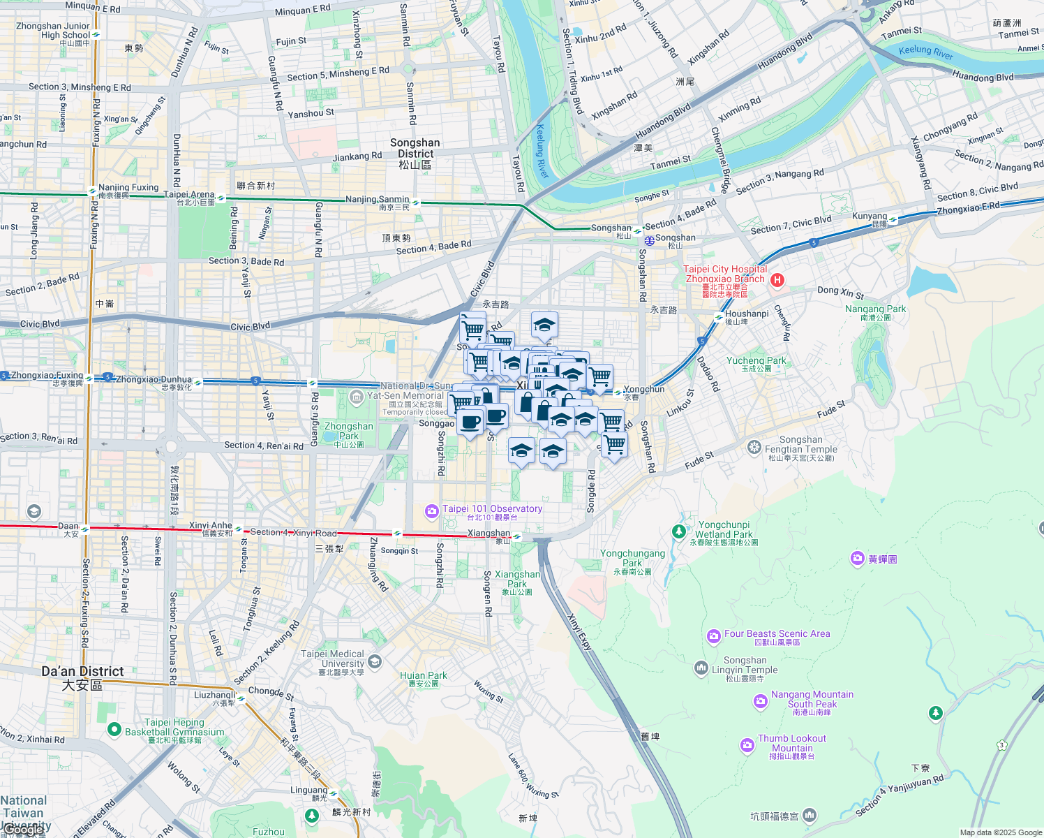 map of restaurants, bars, coffee shops, grocery stores, and more near 77 Songgao Road in Xinyi District