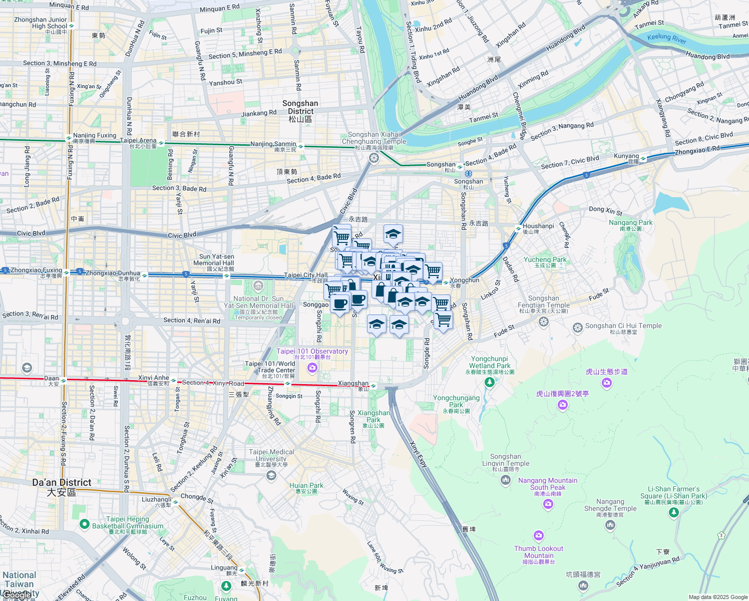 map of restaurants, bars, coffee shops, grocery stores, and more near 77 Songgao Road in Xinyi District