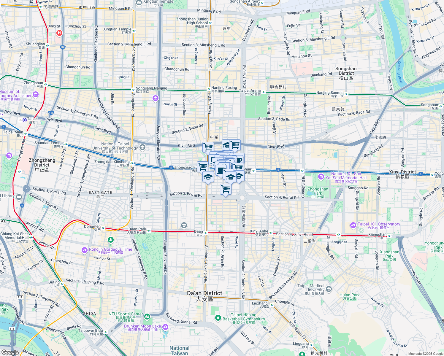 map of restaurants, bars, coffee shops, grocery stores, and more near 100 Section 1, Da'an Road in Da’an District
